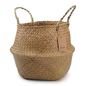 DOKOT Seagrass Basket Belly Plant Pot Woven Basket With Handle, Foldable Laundry Basket Toys Storage (Natural)