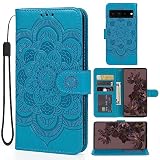 Bohefo Case for Pixel 7 Pro Case/Google 7 Pro GP4BC Wallet Case, Embossed Mandala Leather Flip Credit Card Holder Stand Phone Cover Cases for Google Pixel 7 Pro Blue