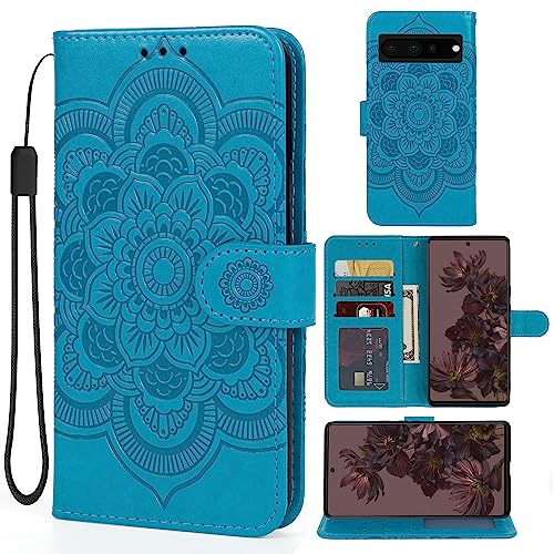 Bohefo Case for Pixel 7 Pro Case/Google 7 Pro GP4BC Wallet Case, Embossed Mandala Leather Flip Credit Card Holder Stand Phone Cover Cases for Google Pixel 7 Pro Blue