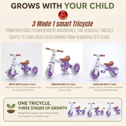 Image of 3-in-1 Toddler Tricycle | Slide, Pedal & Balance Bike for Kids | Adjustable Seat, Silent Wheels & Sturdy Frame | Ideal for 10 Months to 3 Years (Purple)