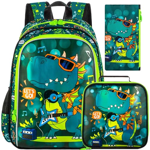 ZLYERT Mochila para niñas y niños, mochila de unicornio de dinosaurio para estudiantes de primaria, mochilas para niños de 16 pulgadas con lonchera, Guitarras verdes, 16", Mochilas Daypack