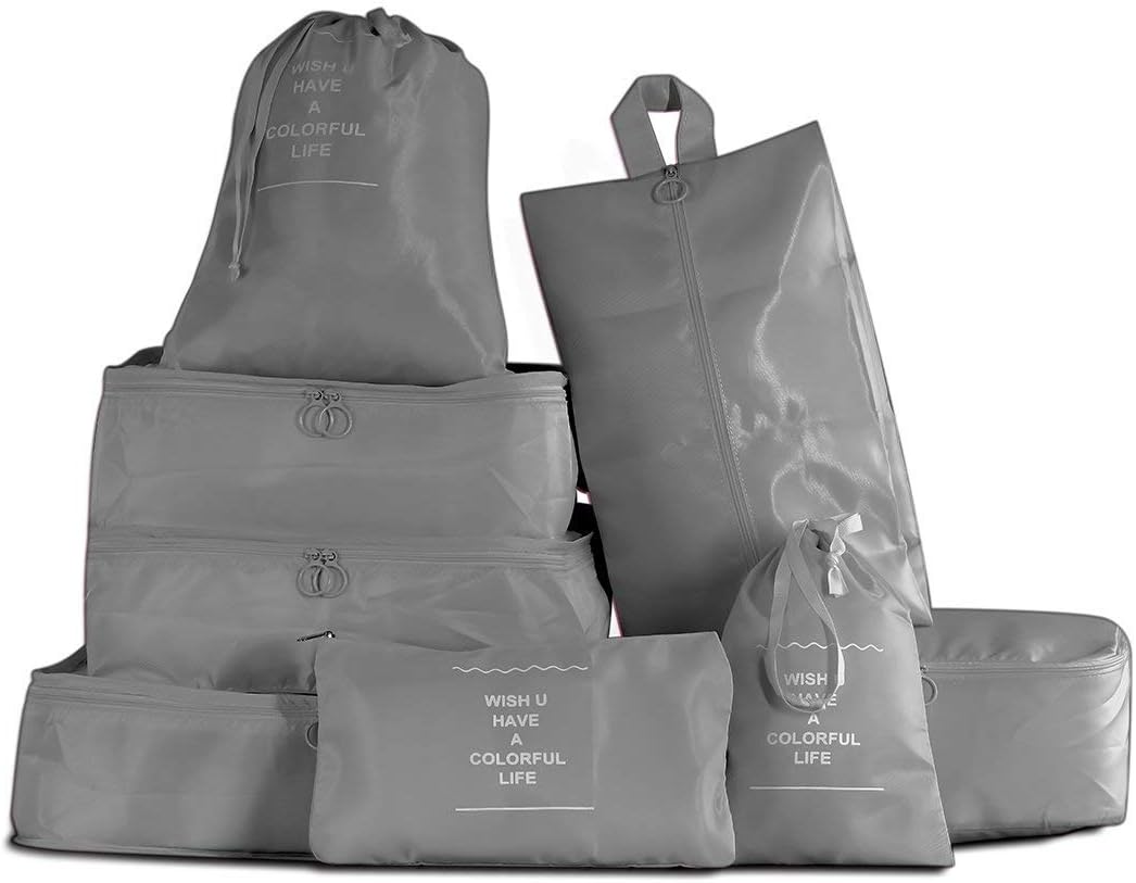 Packing Cubes, Travel Luggage Organizers, 8 Sets Luggage Organiser Storage Bags nclude Waterproof Shoe Storage, Suitcase Compression Pouches Bag Convenient (Gray)