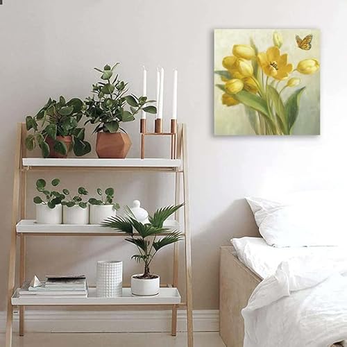 Yellow Flower And Butterfly Canvas Wall Art Yellow Flowers Watercolor Wall Decor Poster Flower Abstract Flower Floral Canvas Prints Yellow Tulip Plants Wall Decor For Home Decor 16X16Inch Noframe #TOP1