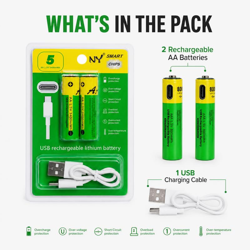 Image of AA Rechargeable Batteries 2 Pack, 1.5 V 3400 mWh Li-ion Cells with USB Type-C Charging, Built-in Safety Protection and Charging Cable for Remote, Toys, Mouse and Household Devices
