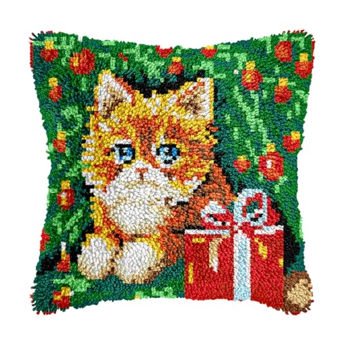 Image of bositigo Cat Latch Hook Pillow Kit for Adults & Kids, DIY Pre-Printed Canvas Craft, 17x17 Inch Decorative Cover for Sofa Cushions, Bedroom Decor (Cat Pattern 37)
