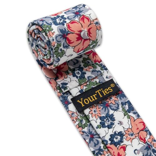 Image of YourTies Cotton Floral Tie for Men 2.5 inch Printed Skinny Necktie Pocket Square Tie Clip Set Flower Wedding Party Groom