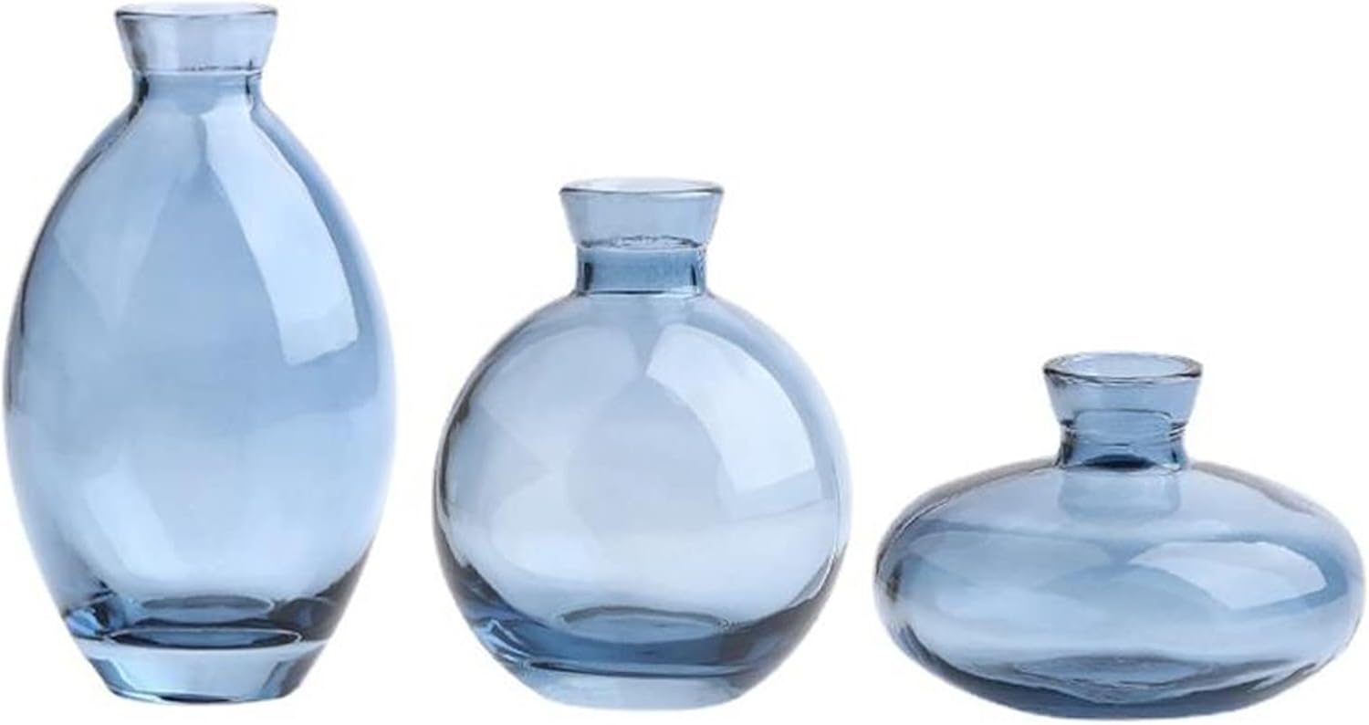 Glass Bud Vase Set of 3, Mini Vases Small Vases for Flowers, Glass Vases for Home Decor Centerpieces, Decorative Modern Flower Vase for Wedding, Bookhelf Décor, Table Décor (Blue)
