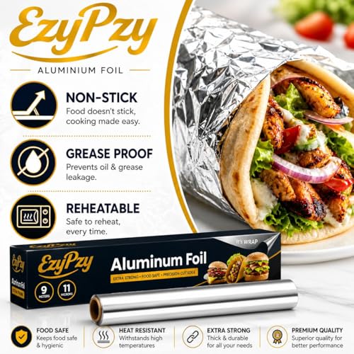 Image of Aluminium Foil Roll, Extra Strong, Non-Stick, Grease Proof, Food Safe, 9 Metres, for Oven, Barbeque and Kitchen Use