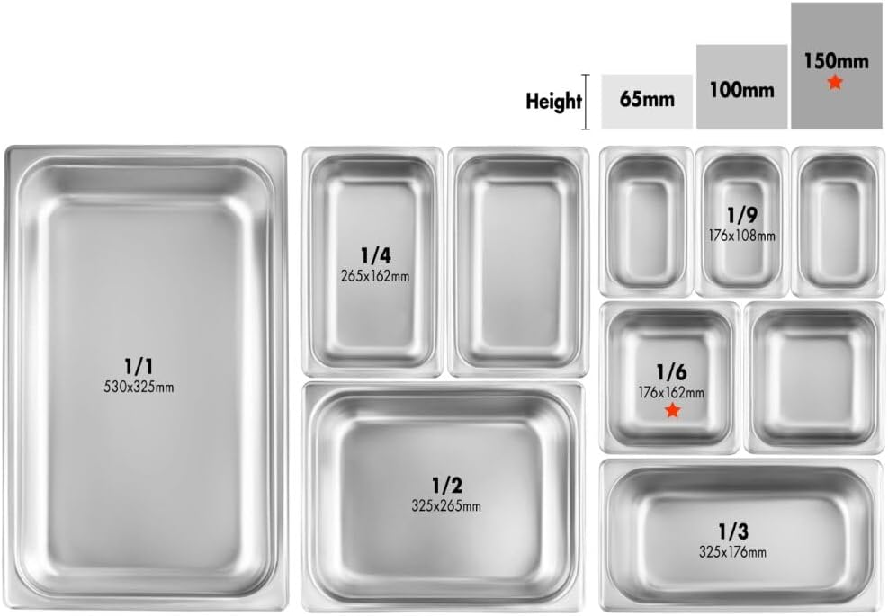 New Star Foodservice 1/6 Size Stainless Steel Steam Table Pan, 7.0 x 6.4 x 6.0 Inches, 18/8 Stainless Steel, 24 Gauge, NSF Certified (Set of 6)
