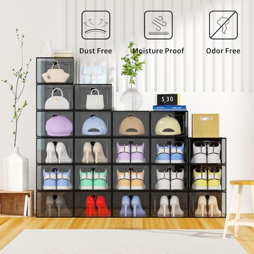 Dueecasebit Extra Large Shoe Storage Boxes, Clear Plastic Shoe Organizers Fit Size 14.6, Stackable Space Saving Shoe Rack Sneaker Containers Bins for Closet under Bed Entryway，6 Pack, Black - Thumbnail 2