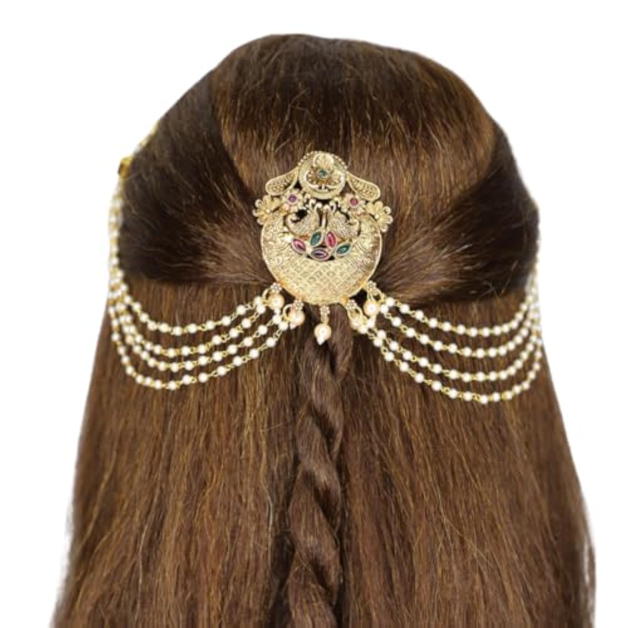 Traditional Brass Choti Hair Accessory with Antique Bead Chains