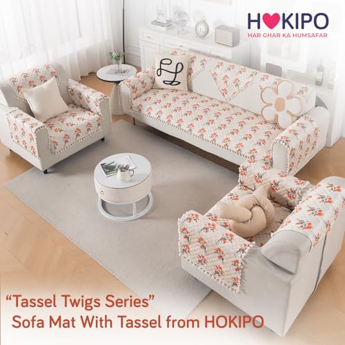 Image of HOKIPO Autumn Blossom Quilted Sofa Cover Mat for 3 Seater Sofa with Tassels 'Tassel Twigs' Series (IN-985-T5)