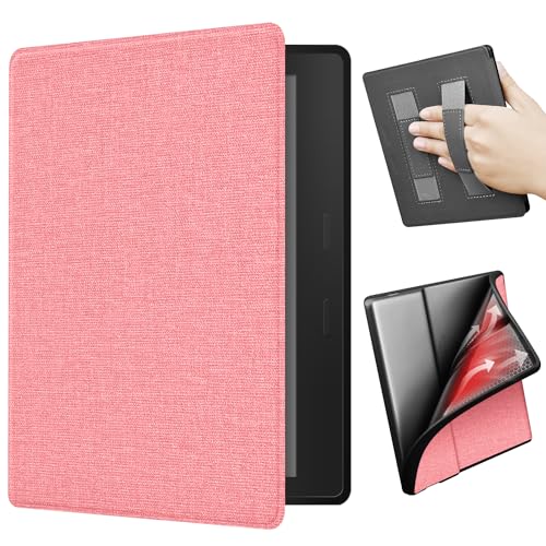 ERUNTO Hülle für 7 Zoll Kindle Oasis 2/3 TPU-Hülle mit Stoffstruktur und doppelter Handschlaufe auf der Rückseite magnetische Hülle mit intelligenter Weck-/Schlaffunktion(Rosa)