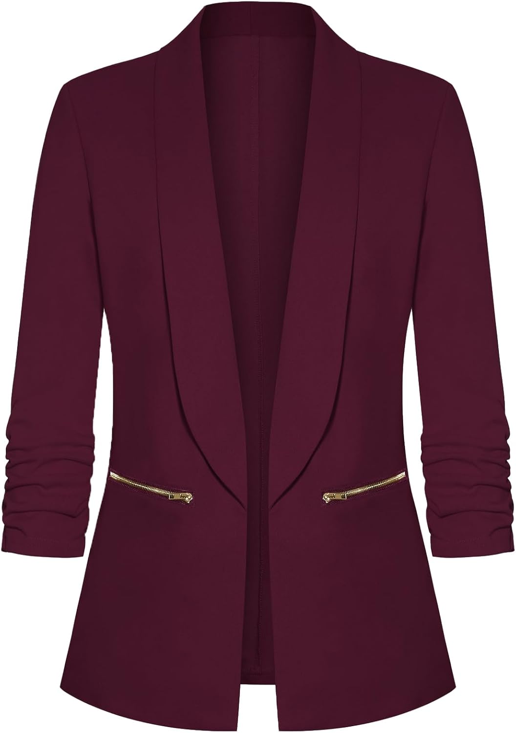 Womens Casual Blazer Ruched 3/4 Sleeve Open Front Cardigan Work Office Blazers Suit Jacket with Zipper Pocket