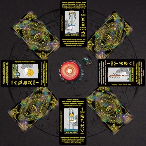 Smoostart Holografische Englische Tarotkarten mit Bedeutungen, Tarotkartendeck mit Leitfaden für Anfänger, Schlüsselwörter, Element, Planet, Chakra, Ja oder Nein, Numerologie