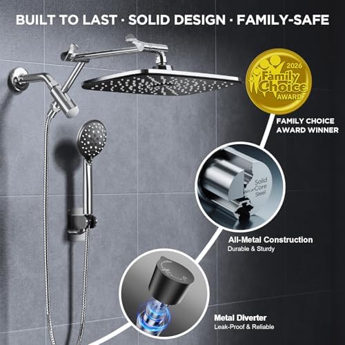 Veken 11.8" High Pressure Shower Head with Handheld, Metal Core Fittings - 3
