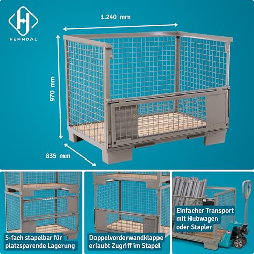 HEMMDAL Euro-Gitterbox mit 2 Doppelvorderwandklappe | 1.500 kg Tragkraft | HxBxT 97 x 124 x 83,5 cm | Grau | 5 x 5 cm Maschenweite | aus Stahl | stapelbar | tauschfähig | Gitterbehälter
