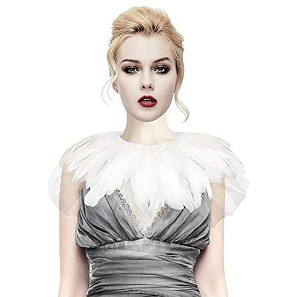 Anevous Women's Feather Scarf, Feather Cape Stole, Halloween Shrug Collar, Poncho Collar, Gothic, Feather Cape Scarf for Halloween, Cosplay, Fancy Dress, Party Costume, White