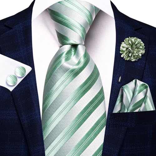 Image of Hi-Tie Green White Striped Neckties for Men Classic Woven Tie and Lapel Pin Pocket Square Cufflinks Sets Formal Business Wedding