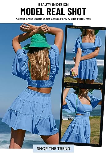 Image of OWNGIGI Women's Summer Dresses Square Neck Short Sleeve Cutout Crossover Elastic Waist Casual Party A-Line Mini Dress