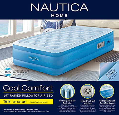 Nautica Home Cool Comfort Air Mattress With Built In Pump Inflatable Bed For Guests, Travel, Camping: Cooling Pillowtop With Puncture Resistance Vinyl, 18" Twin #TOP4