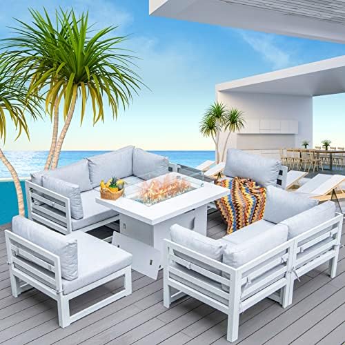 Amazon.com: NICESOUL® 7 Pieces Aluminum Patio Furniture with Fire Pit Table  Outdoor Conversation Set 43 Propane u0026 Natural Gas Convertable Fire Pit  Table Modern Luxury Sofa Set White Gray Color 7 Pieces :