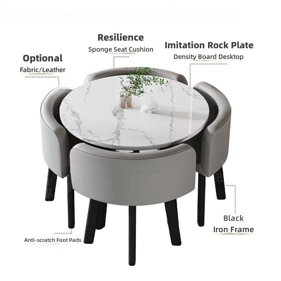 Image of Round Faux Marble Reception Table and Chairs Set, Dining Table Set for 4, Space Saving Reception Desk for Home and Apartment, Office, Conference Room, Lounge
