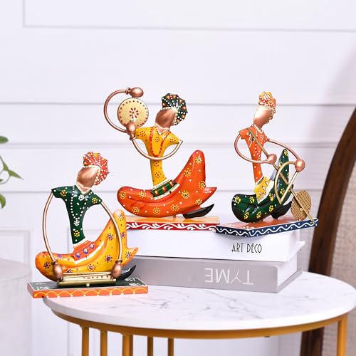 Image of **KUTUMBH Handcrafted Metal Nagpuri Musician Showpiece Set | Traditional Tribal Musician Figurines for Home Decor, Living Room, Office Table, Shelf & Gift | Multicolor | Set of 3**