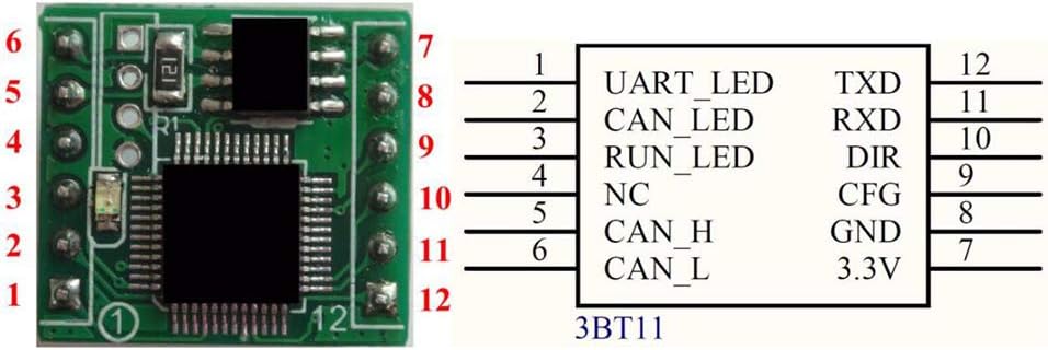 Pinout diagram for the Taidacent Uart CAN Converter (Model 3BT11) showing 12 pins and their functions.
