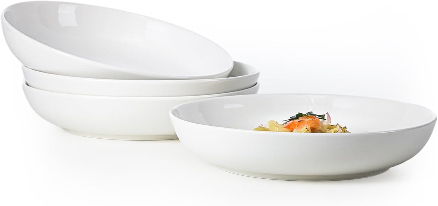 E-liu Porcelain 30 Oz Pasta Bowls, Salad Bowls Dinnerware Set for Serving Soup, Pasta, Noodles, Large Capacity Plates, Microwave & Dishwasher Safe, Set of 4