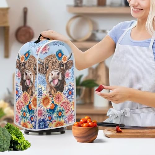 Image of Talayituse Boho Mandala Highland Cattle Print Blender Dust Cover with Handle, Stand Mixer or Coffee Maker Appliance Covers Anti Fingerprint Dust Proof Stain Resistant Blender Cover for Home Kitchen
