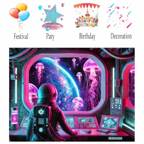 Image of Nuxovilar Neon Astronaut Wall Tapestry Polyester 78.74x59.05 In | Glow Poster Trippy Art Cosmic Decor UV Wall Hanging Studio Rec Room Themed Gathering (Astronaut Jellyfish)