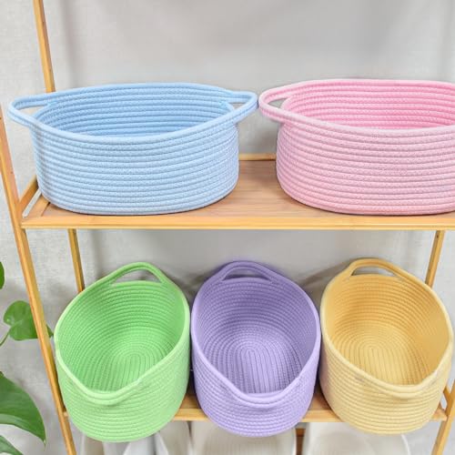 Image of ABenkle Small Basket with Handles, Boho Decorative Rope Woven Dog Cat Toy Storage Bin Shelf Storage Organizer, Easter Christmas Gift Basket, 12 inchx8 inchx5 inch, Blue