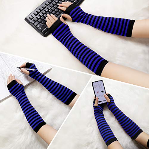 Bienvenu Punk Gothic Rock Long Arm Warmer Fingerless Gloves, Black Blue - Thumbnail 5