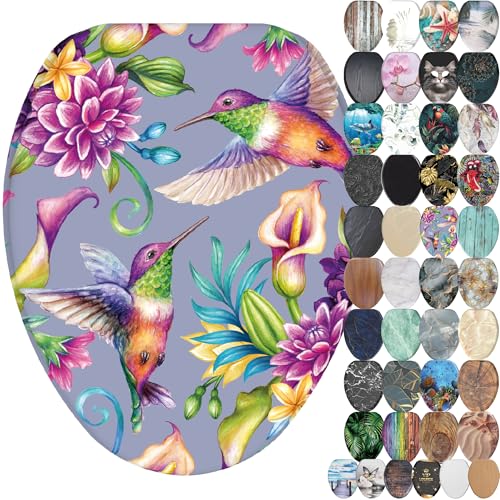 SANILO Wooden Toilet Seat with Soft Close [ELONGATED] - Decorative, Quiet & Slow Close Molded Wood Seat - With Strong Bumpers & Hinges - Adjustable Fit - Hummingbird
