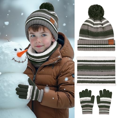 Image of Kids Winter Hat Gloves Scarf Set: Girls Boys Beanie Fleece Lined Ages 6-10
