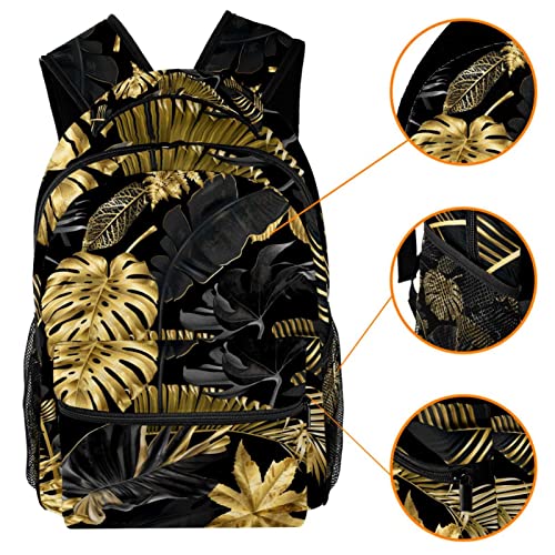 Sac à dos voyage noir et doré à motif tropical pour escapades de week-end et cours