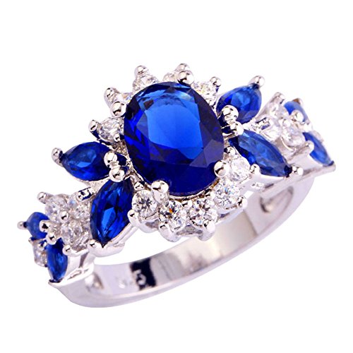 Emsione 925 Sterling Silver Plated Created Sapphire Quartz Topaz Cluster Flower Cocktail Women Band Ring Size 8