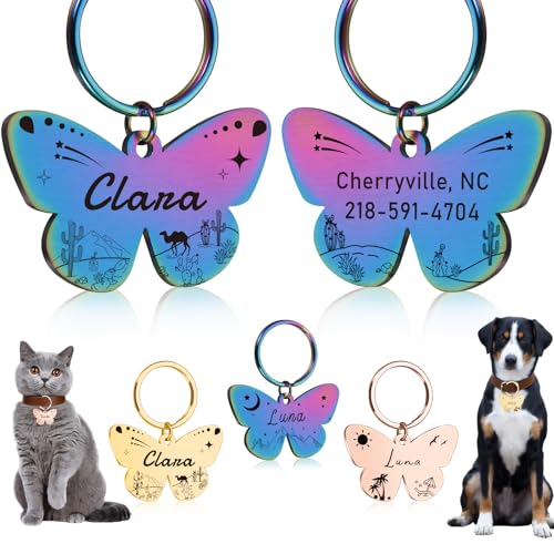 Custom Butterfly Dog Tag - Engraved Personalized Pet ID Tag for Dogs & Cats, Customizable Name, Text, 6 Colors & 3 Sizes, Durable & Cute Pet Collar Charm for Dog Lovers, Pet Mom Dad
