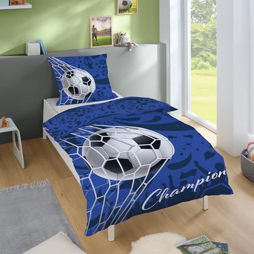 Familando Fußball Bettwäsche Set Decke 135x200 Kissen 80x80 cm aus 100% Baumwolle mit Reißverschluss · Oeko-Tex Bettwäsche, Blau mit Ball im Tor...