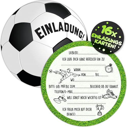 VULAVA 16x Fußball EINLADUNGSKARTEN KINDERGEBURTSTAG Junge Mädchen - die Soccer PARTY Karten sind die Fussball EINLADUNG für Jungen Mädchen Kinder GEBURTSTAG Fußballspiel KINDERPARTY Fussball-Turnier