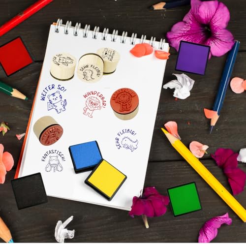 6 Stück Holz Stempel Lehrer, Motivations stempel,Tiere Motivstempel Set,Tiere Holzstempel Geschenk für Lehrertag Motivation,Schule Kinder Rund Holzstempel