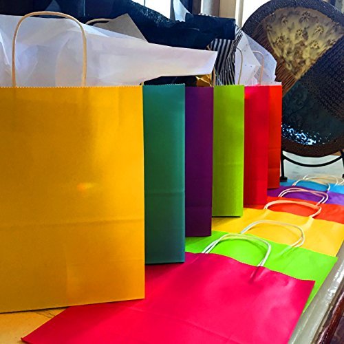 Adorox 12 Assorted (9" H x 7.5" L x 3.5" W) + 24 Tissue (20" x 26") Bright Neon Colored Party Present Paper Gift Bags Birthday Wedding All Occasion