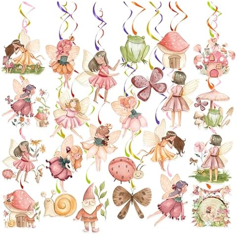 Fairy Party Hanging Swirls Ceiling Decor - NO DIY, 24 Pcs Wonderland Garden Fairy Mushroom Frog Gnome Insect Hanging Decor, Perfect for Whimsical Birthday Baby Shower Celebration Decorations Cover