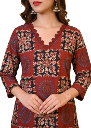 Image of Cotton Block Print Co-ord Set, Maroon and Black, V-Neck Top with Matching Pants