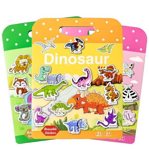 Image of Reusable Sticker Books for Toddlers 1-3, Puffy Stickers Book for Kids Ages 2-4, Toddler Travel Essential Activities Toys for Boy Girl Birthday Christmas - Dinosaur, Animal and Insect (3 Set)