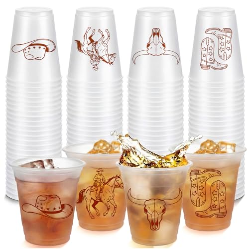 LemonRoad 48 Pcs Western Cowboy Plastic Cups Bulk 12oz Brown Cowboy Disposable Frosted Party Clear Cups for Drinking Western Themed Party Supplies Boho Preppy Rodeo Birthday Baby Shower Decorations