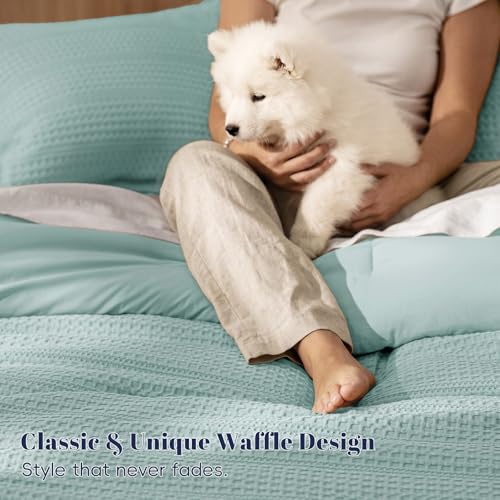 Image of PHF Soft Waffle Comforter Set Queen Size- Comfy Breathable Waffle Weave Comforter with 2 Pillow Shams, 3 Pieces Less Snagging Lightweight Textured Bedding Set for All Season, Aqua