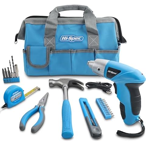 Hi-Spec 21-Piec Blue Tool Set with 3.6V USB Electric Power Screwdriver,Tool Kit for Home, DIY Essential Hand Tool Set Kit Cover