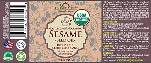 US Organic Sesame Seed Oil, Certified Organic, Untoasted, Unrefined Virgin, Pure & Natural, Cold Pressed, in Amber Glass Bottle w/Glass Eye dropper (2 oz (Small)) - Thumbnail 2